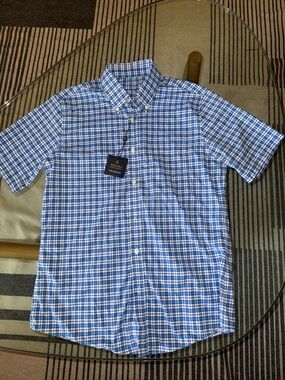 NWT Brooks Brothers Blue and White Plaid Short-Sleeve Button-Down Shirt